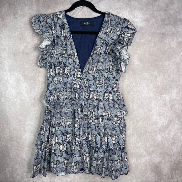 O.P.T Oliver Floral V-Neck Button Down Tiered Ruffle Mini Dress In Blue Size M - Picture 1 of 6